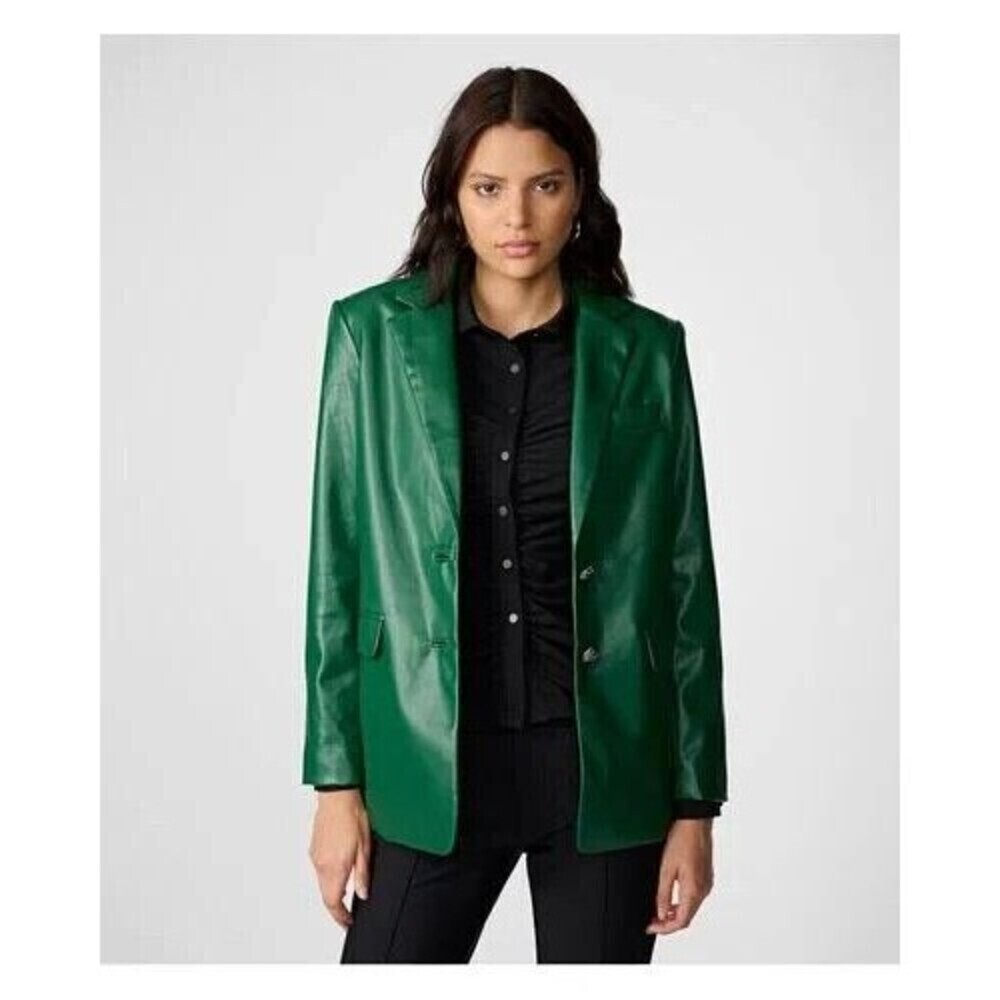 KARL LAGERFELD PARIS Women's Faux-Leather Button-Front Blazer Forest Green 6